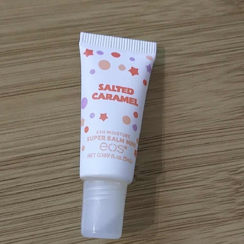 eos Salted Caramel Mini Super Balm — White with Orange & Purple Accents